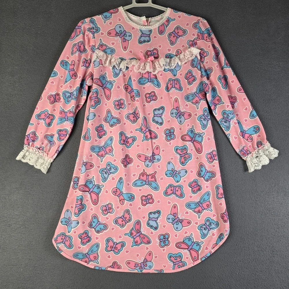 Sleeping Beauty Nightgown Kids Size 10 Pink Butterfly Lace Trim Heart Print